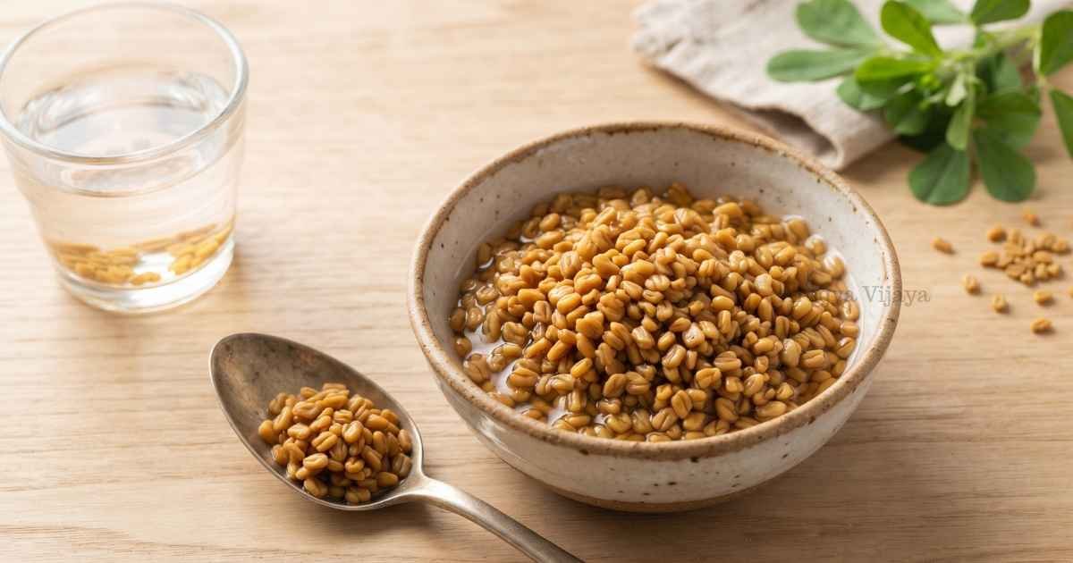 Healthy soaked fenugreek seeds in a spoon for diabetes control and weight loss in Kannada