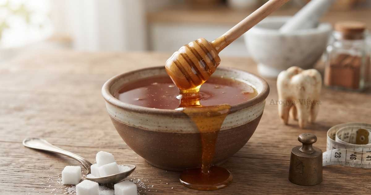 Honey side effects in kannada - bowl of honey with wooden honey dipper showing health risks of excess consumption