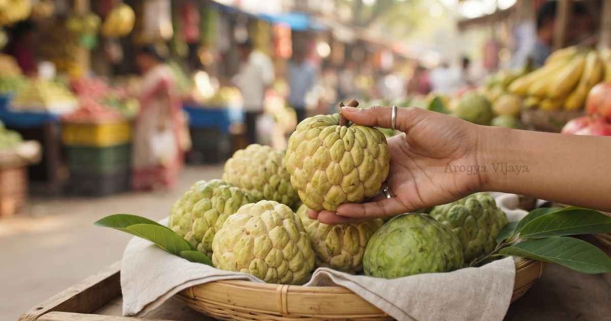 Fresh and ripe custard apple fruits displayed for selection with tips in Kannada.