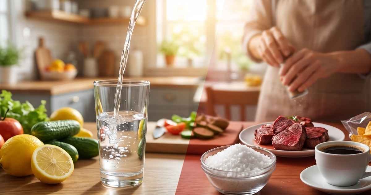 Foods that cause kidney stones including excess salt, red meat, and caffeinated drinks.